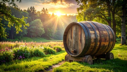 Obraz premium Wooden barrel sits in a vibrant meadow bathed in golden sunlight, with forest background