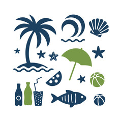 Obraz premium Tropical Summer Beach Elements Vector Set Palm Tree Sun and Sea Icons