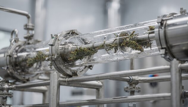 Medium shot of a tubular continuousflow extraction reactor smoothly processing botanical material through its elongated structure highlighting efficient steady stream operation.