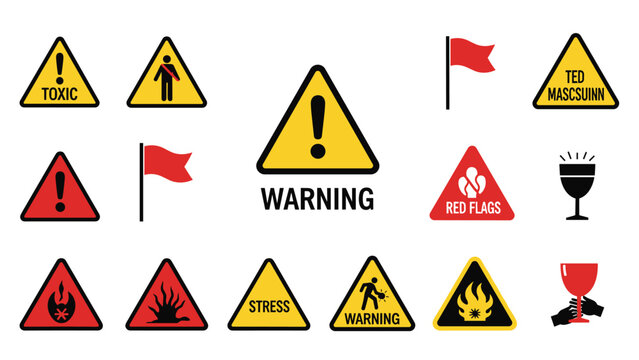Collection of warning signs and red flags representing toxic behavior, stress, and negative relationship patterns.