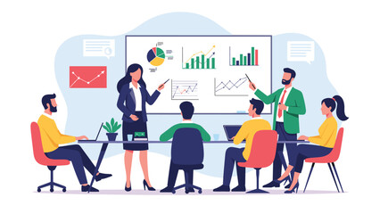 Naklejka premium Team of business professionals collaborating in a meeting room while analyzing data and graphs displayed on a large white presentation board.