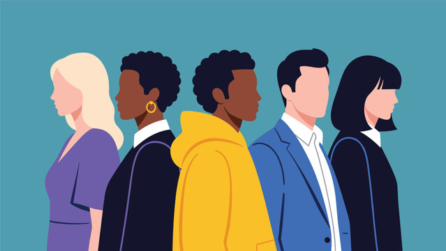 Group of diverse people standing in a row shown in profile view representing multiculturalism and inclusion in a modern society.