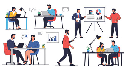Fototapeta premium Diverse collection of office workers performing various tasks like typing, presenting data, and collaborating in a corporate setting.
