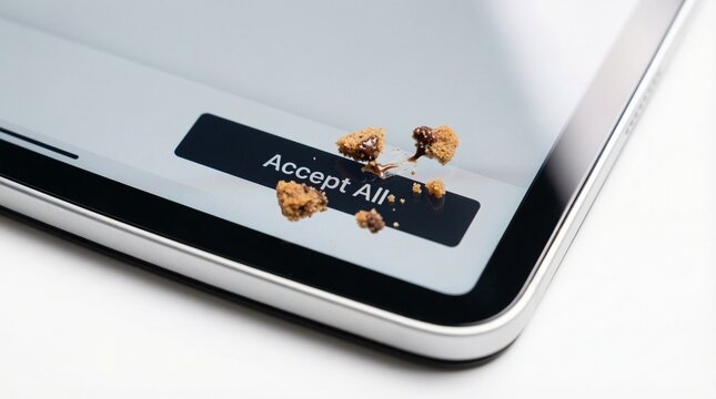 Conceptual macro shot of real chocolate chip cookie crumbs resting on a tablet screen displaying an Accept All web button.