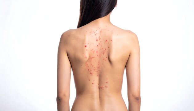 A person's bare back, slightly turned, reveals visible skin condition. The background is bright white
