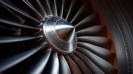 Close up of aircraft engine turbine fan blades and polished metal housing rim