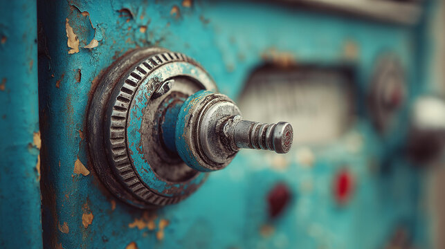 Close up of weathered vintage gas pump nozzle and dial with peeling paint captured in selective focus