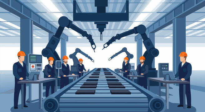Vector illustration of an automated factory assembly line with robotic arms and workers in hard hats on a production floor