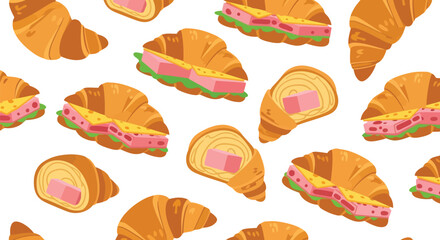 Seamless croissant sandwich vector food pattern with ham and cheese on white background