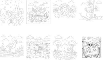Obraz premium Magical and Safari Animals Coloring Pages: Fox, Owl, Flamingo, Elephant