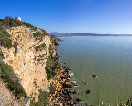 Torre del Tajo in the natural park of La Brena (Barbate), on the Atlantic coast of Andalusia, looking towards Tarifa, the Strait of Gibraltar and Morocco