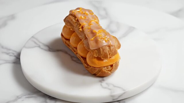 A Seamless Loop of a Delicious Orange Eclair Pastry Glazed with Icing and Zest on a White Marble Plate
