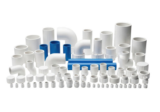 Collection of white pvc pipe fittings and connectors isolated on transparent background