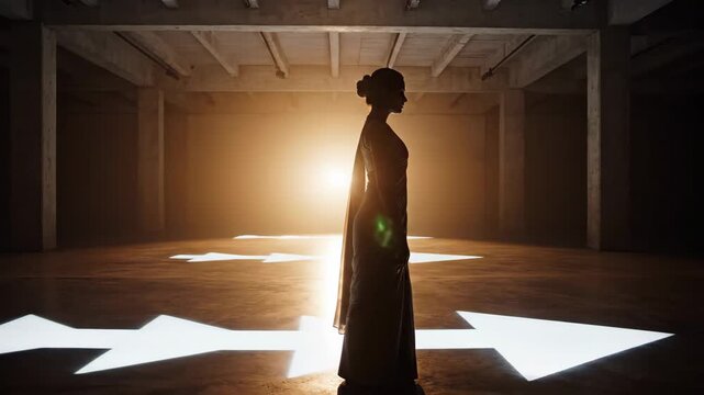 Woman choosing direction with projected arrows