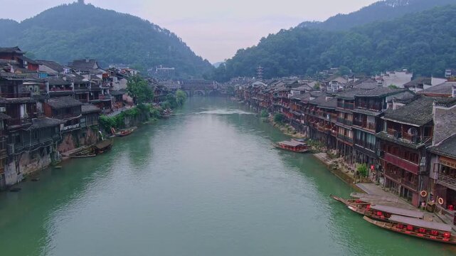 Fenghuang Ancient Town: Aerial View of Traditional Chinese Architecture & River