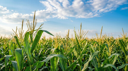 Expansive green cornfield under a bright blue sky with fluffy clouds and fresh morning dew