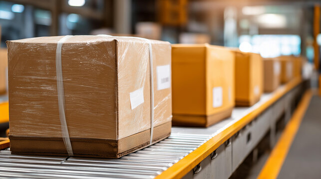 Shrink-wrapped boxes on pallets beside a conveyor line in a warehouse ready for outbound shipping and logistics operations