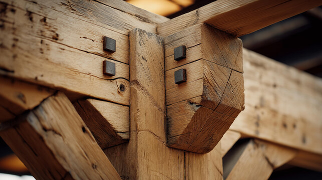 Close up of a hand cut wooden truss joint showing mortise and tenon connections and craftsmanship in timber woodworking and joinery
