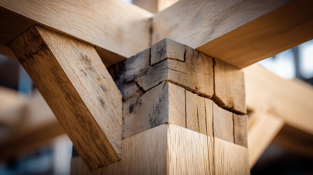 Close up of a hand cut wooden truss joint showing mortise and tenon connections in traditional carpentry woodworking craftsmanship