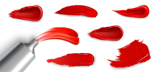 Fototapeta premium Paint smear set with red oil texture and glossy finish on white background. Realistic 3D brush strokes and lipstick swatches. Liquid acrylic smudges with silver tube for artistic product displays
