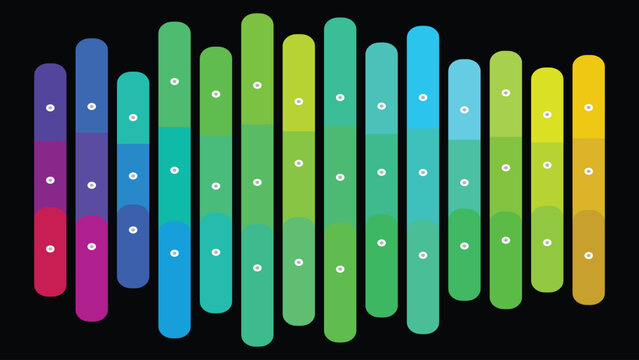 Abstract colorful sound wave equalizer vector illustration with rounded vertical bars and white dots on a dark background, ideal for music, technology, or data visualization designs