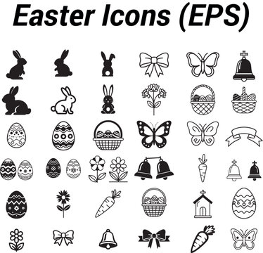 Easter icons set &ndash; bunny, decorated eggs, basket, flowers, bow, carrot, butterfly, church bell &ndash; black and white vector EPS