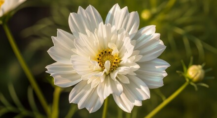 Close up of a white cosmos flower blooming in natural sunlight
