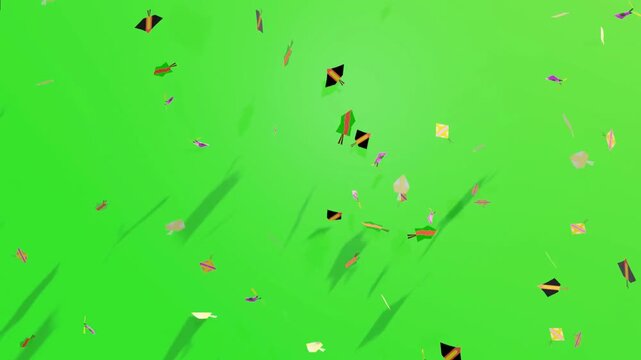 Colorful kites flying in green sky with dynamic shadows