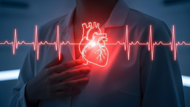 Cardiovascular health monitoring and medical cardiology diagnostic. Healthcare technology and heart disease prevention. Doctor in a white lab coat with glowing red heart anatomy icon