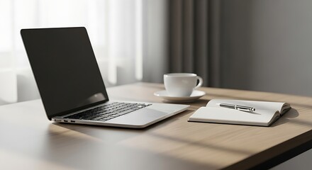 Fototapeta premium Modern office desk with laptop and coffee cup.