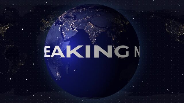 Breaking news globe animation video, earth spinning broadcast intro with headline text, world news overlay for television and media in video format