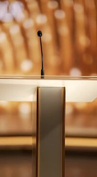 A solitary microphone stands on a podium in a video capturing an empty conference hall with rows of chairs.
