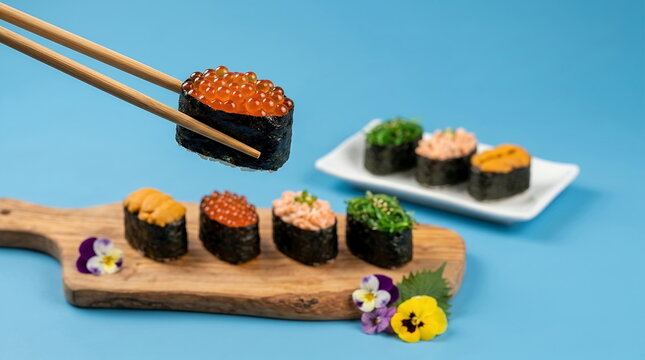 Generated AI: Fresh Uni Gunkan Sushi lifted by chopsticks over assorted platter on blue background