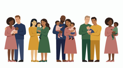 Fototapeta premium Collection of diverse professional managers and same-sex executive directors holding their babies on white background, concept for corporate benefits, employee inclusion and social diversity