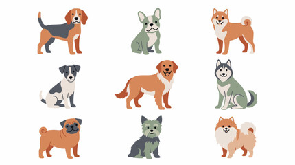 Fototapeta premium Set of various cute purebred dog breed characters in flat vector illustration style isolated on white, concept for pet shop branding, veterinary clinic identity and animal sticker design