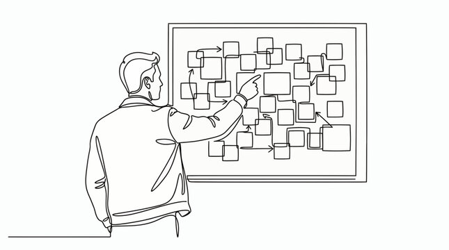 Continuous line drawing of a creative project manager pointing at a flow chart with sticky notes on a board, concept for strategic planning, workflow optimization and data analysis