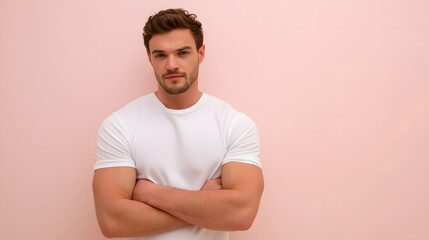 Fototapeta premium A confident young man standing his arms crossed against a soft pink background