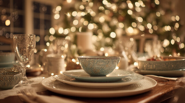 An elegantly set dining table with festive decorations and holiday lights glowing in the background.