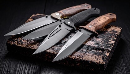 A Collection of Various Survival Knives Displayed on a Weathered Wooden Board