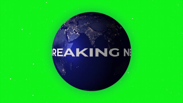 Breaking news globe animation video. Earth spinning with headline text overlay on green screen background for news intro in video format