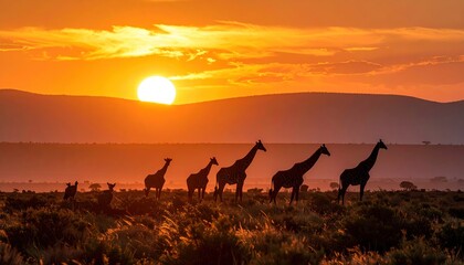 Fototapeta premium Giraffes silhouetted against a vibrant African sunset, creating a stunning wildlife scene.