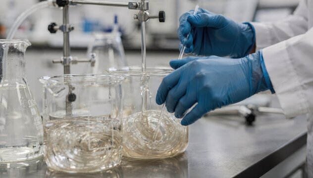 Close view of researchers blending highviscosity polymer mixtures in glass vessels demonstrating precise manual techniques in solution polymerization lab work.