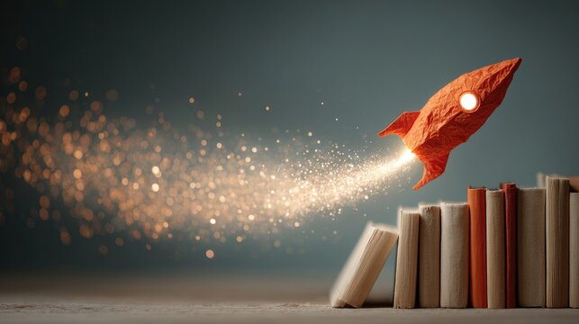 Creative Concept of Paper Rocket Launching from Stack of Books Against Soft Background