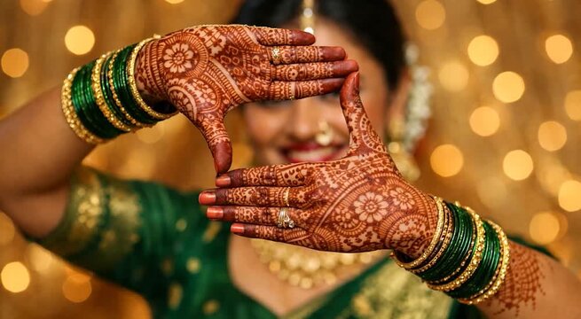 Indian bride framing face with mehndi hands showing intricate henna design playful bridal portrait ideal for wedding henna artist advertisement bridal beauty promotion