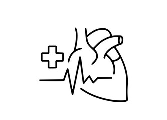 Fototapeta premium Stylized outline illustration of a healthy human heart with a rhythmic heartbeat line and a medical cross, symbolizing cardiac wellness, healthcare, and vital organ function in a clean, modern design