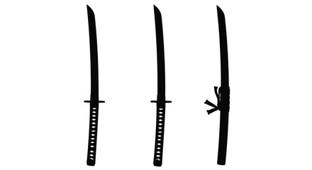 Three japanese swords displayed upright a striking black silhouette © MD