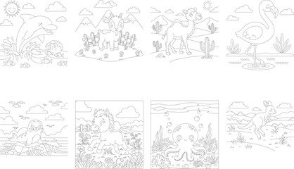 Obraz premium Outline illustrations of cute animals for dot-to-dot or coloring, diverse habitats