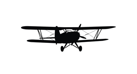 A black silhouette of a vintage biplane against a white backdrop silhouette © MD