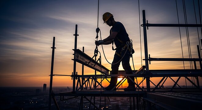 Silhouette of a high-rise ironworker securing steel beams on scaffolding during a golden hour sunset over the city