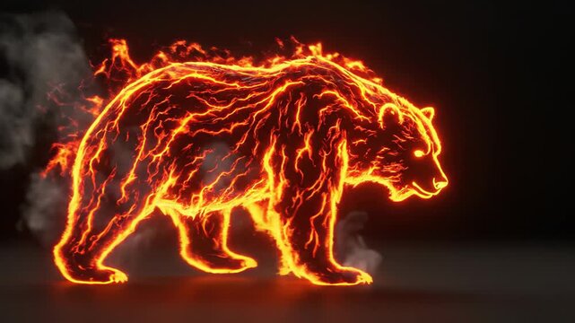 Fiery bear silhouette with glowing flames and smoke walking across a dark background, showcasing a dynamic and powerful visual representation of strength and energy